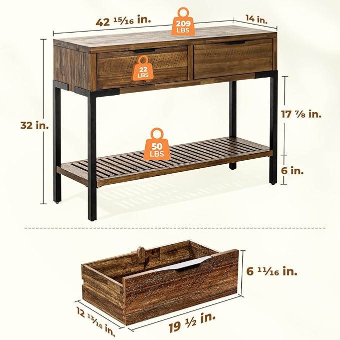 Bme Millie Farmhouse Solid Wood Console Table with 2 Drawers & Storage Shelves, 43" Boho Sofa Table for Entryway, Hallway, Living Room, Rustic Chestnut