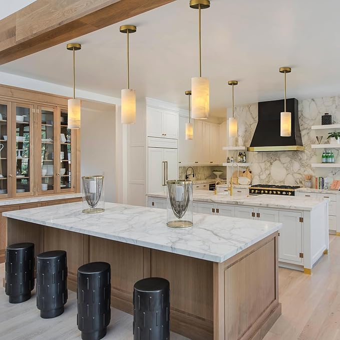 Alabaster Pendant Light Kitchen Island, H-9.5in Brass Pendant Light Fixtures with Natural Marble Shade, Adjustable Ceiling Pendant for Dining Room, Living Room, Bedroom & Bathroom