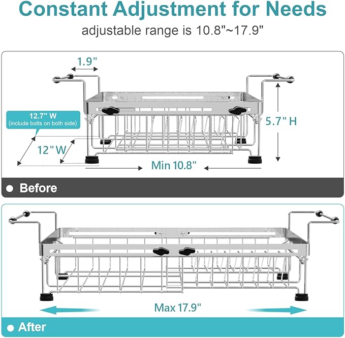 GSlife Expandable Dish Drying Rack - Stainless Steel Capacity Adjustable Over The Sink Rack (10.8''-17.9'') with Sink Mat, Dish Drainer for Kitchen Sink Counter with Utensil Holder, Silver