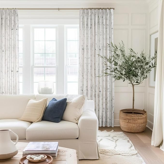 Pinch Pleated Floral Linen Curtains, 52 Inch Wide by 108 Inch Long Printed Curtains for Privacy Light Filtering, Suitable for Living Rooms and Sunrooms.2 Panels