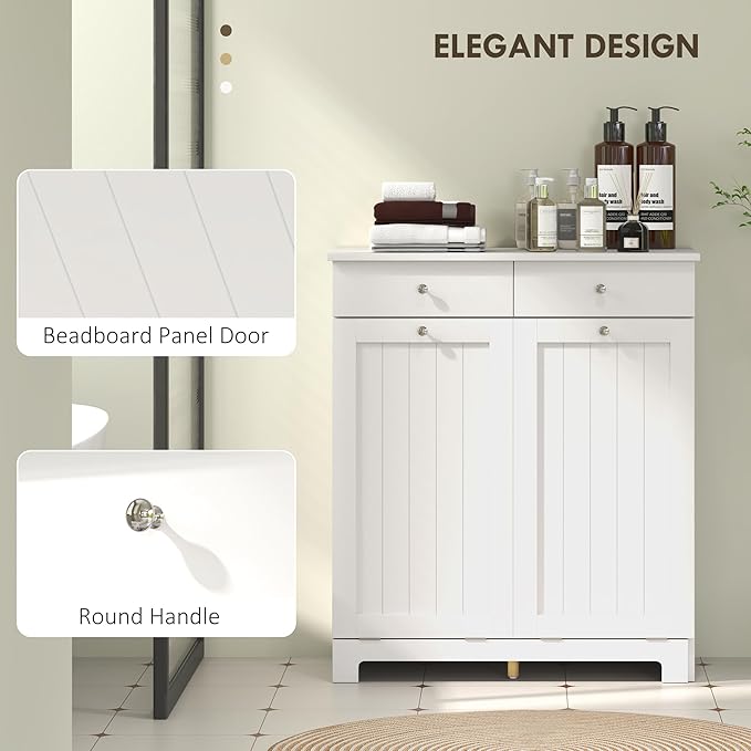 HOMCOM Laundry Hamper Cabinet with 2 Removable Baskets, Tilt Out Laundry Hamper Cabinet with 2 Drawers and 2 Beadboard Doors, Laundry Cabinet Bathroom Storage Cabinet, White