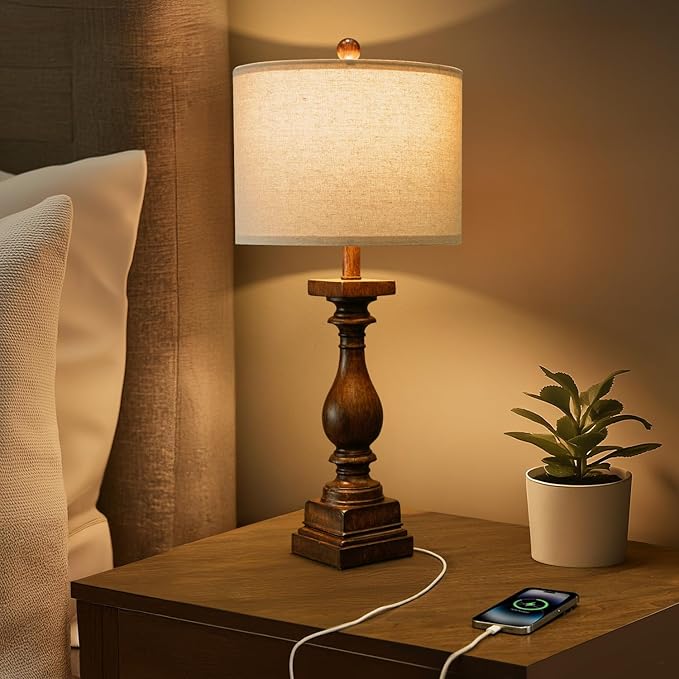 BOBOMOMO 27" Farmhouse Living Room Lamps with USB-A +C Ports, Vintage Rustic Bedside Night Stand Lamps Set of 2, Linen Shade, Retro Side Table Lamps for Living Room, Bedroom, Office, Home Decor