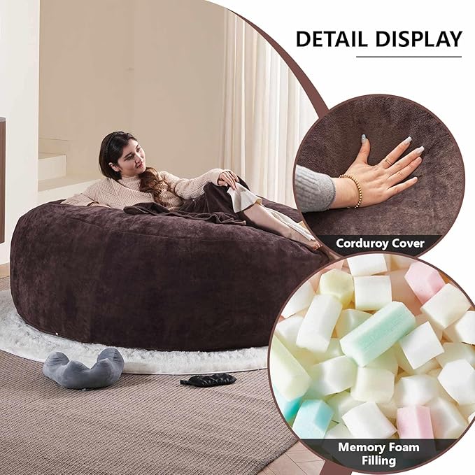 6FT,Oversized Bean Bag Chairs for Adults,Giant beanbag with Filler Included，Fluffy Memory Foam,Soft and Comfy Corduroy Fabric,Gaming Chairs Suitable for Living Room and Bedroom (Brown, 6 Foot)