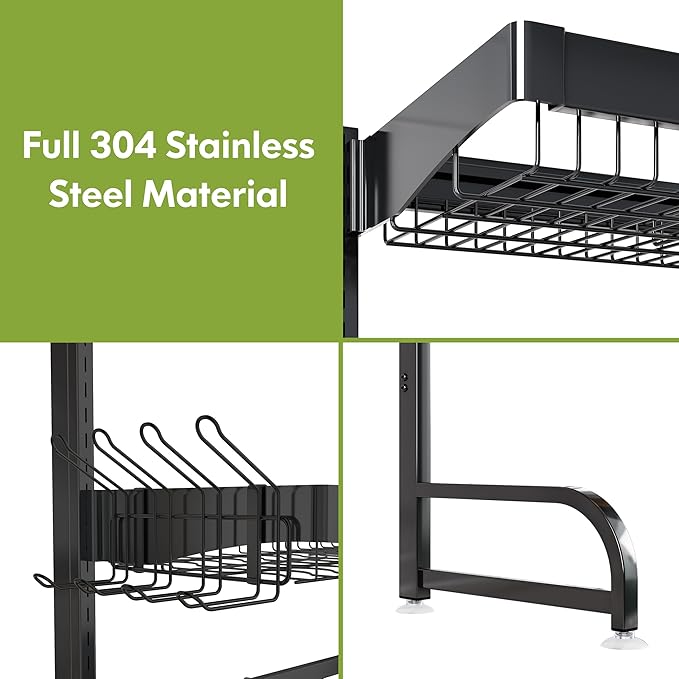 3 Tier Extra Large Stainless Steel Expandable Over The Sink Dish Drainer Drying Rack, Rust Proof Metal, Space Saving, Modern Black Big Capacity Extendable Plate Strainers Above Kitchen Counter