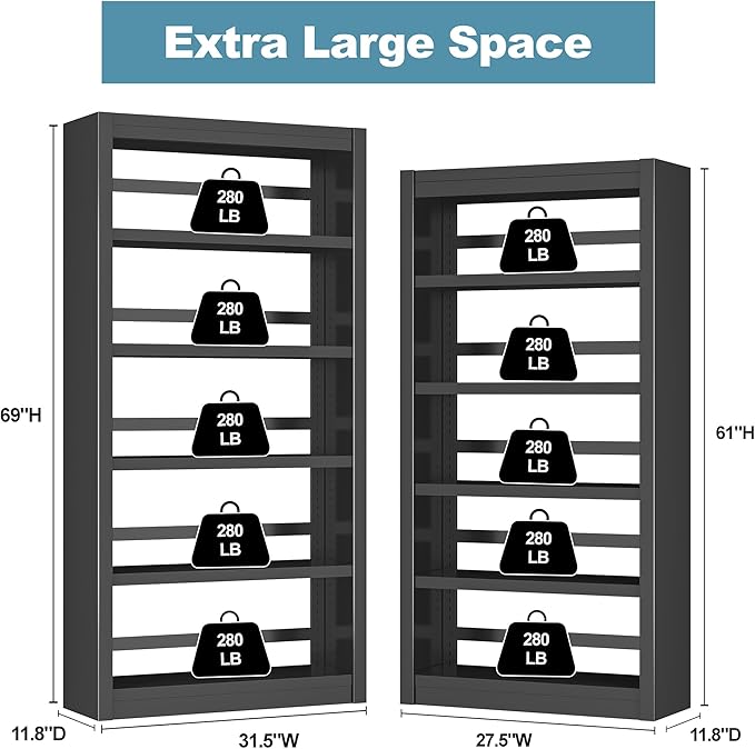 Bookshelf, 5-Tier Sturdy Bookcase, Adjustable Book Shelf, Large Capacity per Shelf, Modern Book Shelf for Living Room, Home Office, Garage, Perfect for Home Organization & Small Space Living