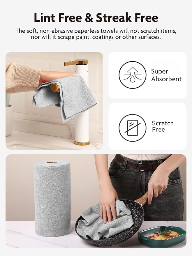 Fantasticlean Microfiber Cleaning Cloth Roll -150 Sheets, Tear Away Microfiber Towels, 12" x 12", Reusable Washable, Ultra Absorbent Dish Rags for Car, Home, Garage or Shop (2 Rolls of Grey)