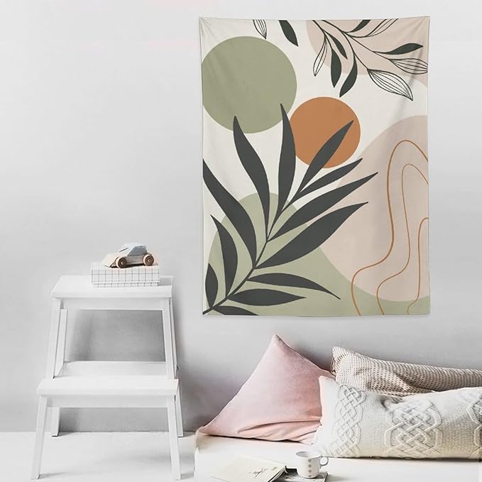 Abstract Bohemian Mid Century Tapestry, Tropical Leaves Modern Geometric Archway Minimalist Bohemian Botanical Aesthetic Wall Hanging, Sage Green Gold Home Decor Art for Bedroom 60x60 Inch
