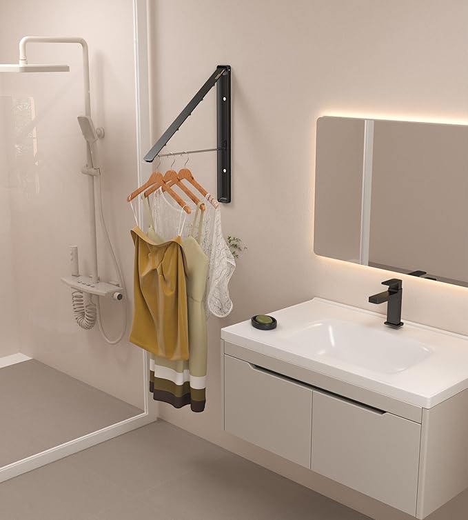 Dr.DJ Clothes Drying Rack, Wall-Mounted Retractable & Foldable Clothes Hanger for Laundry Room Organization and Storage, Metal Clothes Hanger Rack for Dorm, Closet, Balcony(1 Pack, Black)