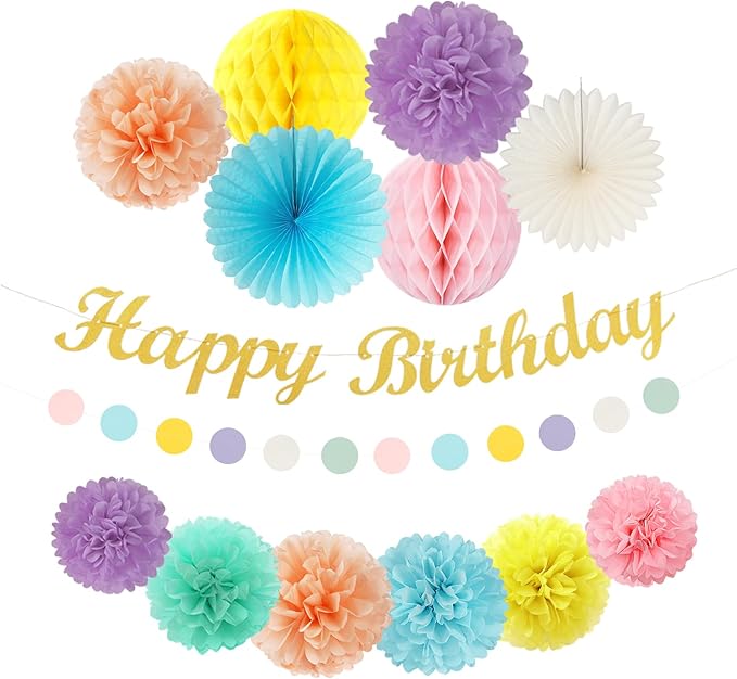 Pastel-Rainbow Colorful Birthday Party-Decorations Paper-Flowers - 14pcs Happy Banner Carnival Theme Lanterns Tissue Pom Poms,Macaron Streamers Garland Fans Honeycomb Hanging Supplies Decor Hugfond