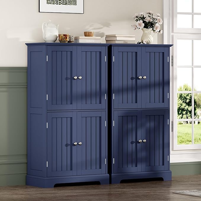 ChooChoo Bathroom Floor Cabinet, Modern Bathroom Storage Cabinet with 4 Doors and Adjustable Shelves, Freestanding Cupboard for Living Room, Navy Blue