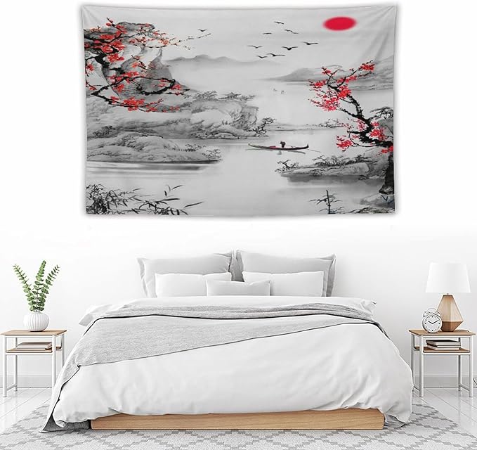Cherry Blossoms Tapestry, Japanese Red Landscape Watercolor Abstract Art, Asian Japanese Wall Tapestry, Nature Landscape Tapestries for Bedroom Living Room Decor 90"x60"