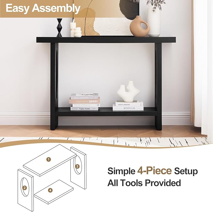 BECHAEO 47-Inch Modern Narrow Console Tables with Solid Wood Veneer - 2’’ Thickened Tabletop, 2-Tier Slim Sofa Table Behind Couch, Rectangle Entryway Table for Hallway Living Room, Black Oak