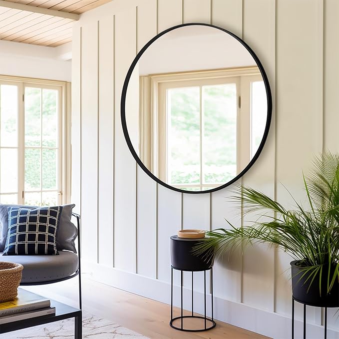 Fabuday Black Round Mirror 30 Inch - Large Circle Mirror for Bathroom, Living Room, Hallway, Entryway, Matte Aluminum Frame Circular Mirrors for Wall Decor