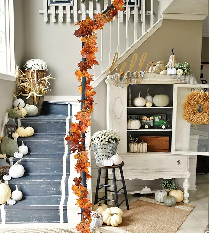 DearHouse 2 Pack Fall Maple Leaf Garland - 5.9Ft/Piece Hanging Vine Artificial Autumn Foliage for Thanksgiving, Home, Wedding, Fireplace, Party, Christmas Decor (Light Orange)