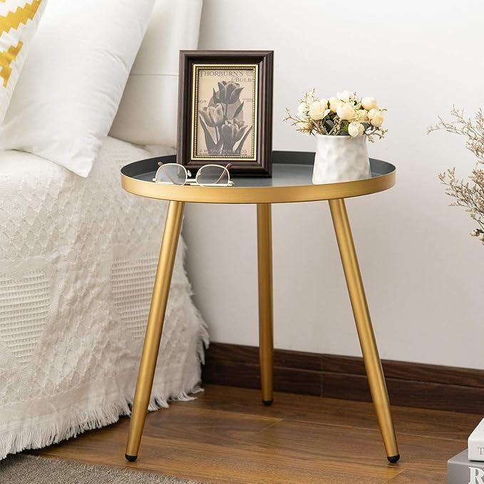 AOJEZOR Side Table: End Table for Indoor Use - Round Side Tables for Small Spaces - Grey Top 3 Legged Gold