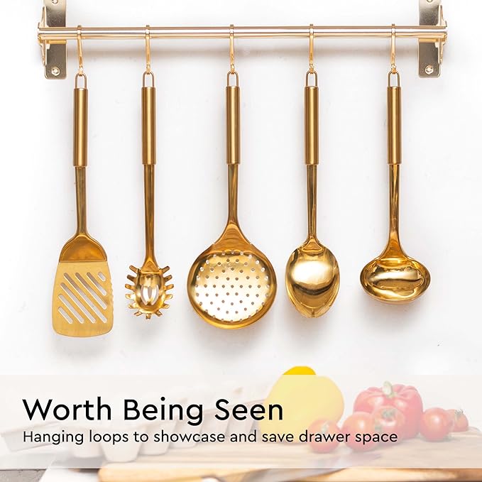 Gold Cooking Utensils Set – 5-Piece Stainless Steel Kitchen Tools for Modern Cooking and Serving – Dishwasher Safe Ladle, Spoon, Spatula, Pasta Fork, Luxury Brass Kitchen Accessories for Home Chefs