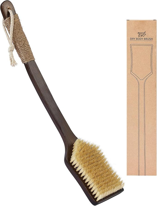 Back Scrubber Shower Brush,Dry Brushing Body Brush with 17.7 Inch Curved Long Handle, Natural Bristles for Lymphatic Drainage, Soft & Stiff Bristles Available (Soft-Fine Boar Bristles)