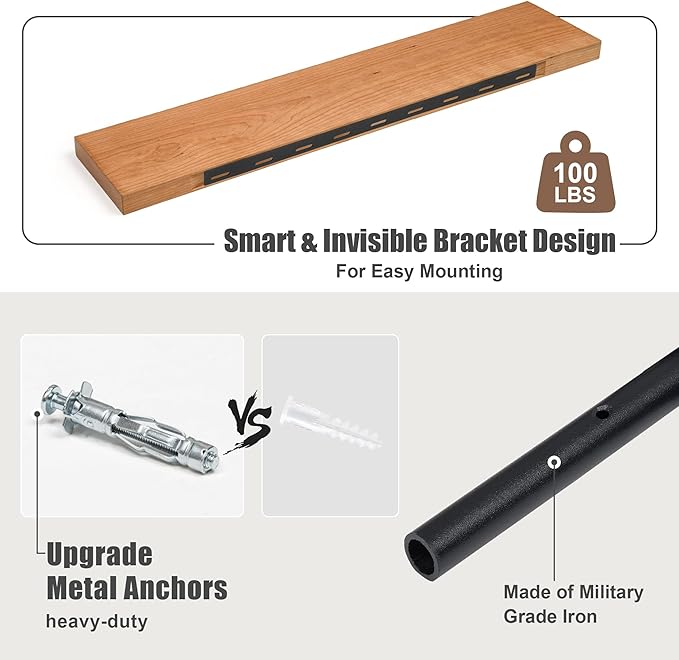 Floating Shelves for Wall, USA-Sourced Cherry Wood 24 Inch Wall Shelves Set of 2, Natural Wooden Wall Mounted Picture Ledge Shelf, Nursery Book Storage Shelf Kids Bookshelf, Display Shelf for Bathroom