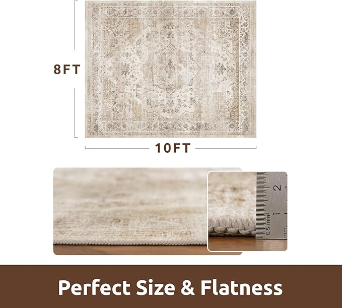 AMOAMI-Area Rug 9X12 Rugs for Living Room-Vintage Soft Beige Rugs for Bedroom-Non Slip Carpet-Washable Rug for Dining Room Living Room Bedroom Office Under Table
