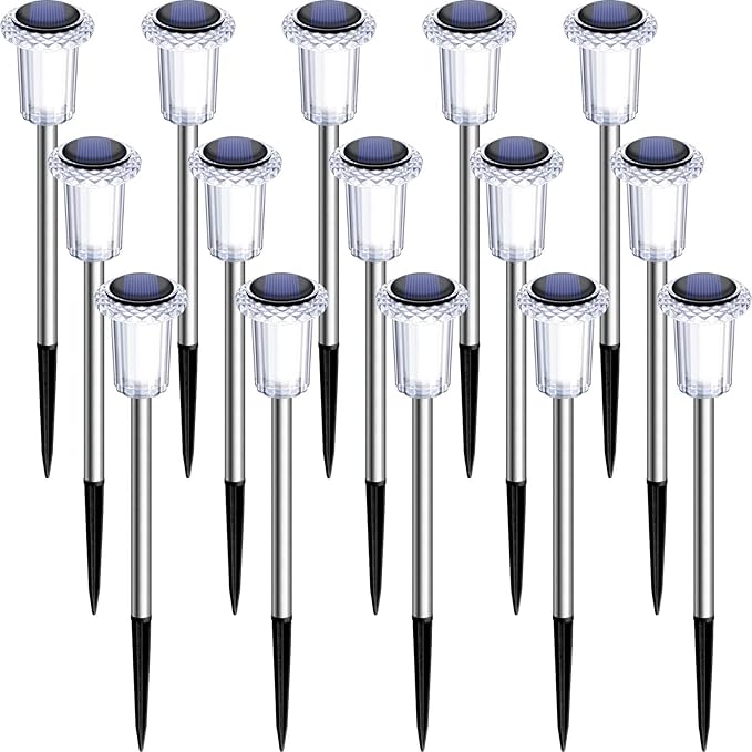 DenicMic Solar Lights Outdoor 15 Pack Waterproof 6000K Cold White LED Stainless Steel Stake for Pathway Yard Garden Driveway Solar Powered Outside Decor