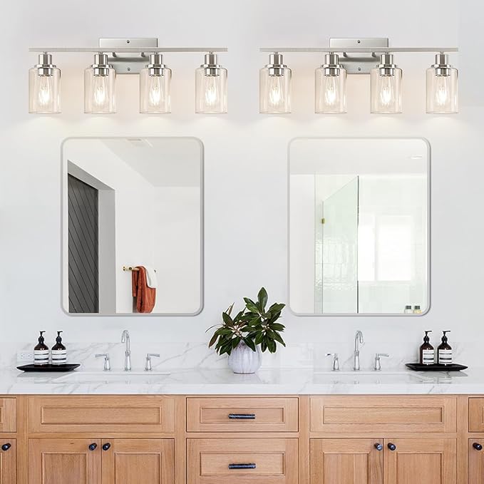 4-Light Bathroom Light Fixtures, Brushed Nickel Vanity Lights with Clear Glass Shades, Modern Bathroom Wall Lamp for Mirror Living Room Cabinet Bedroom Porch