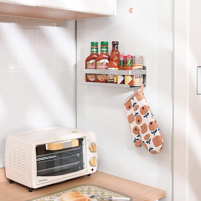 Magnetic Spice Rack for Refrigerator Spice Organizer, Strong Magnetic Shelf with 2 Removable Hooks Space Saver for Refrigerator and Microwave Oven, Metal Fridge Shelf(1 pack Silver)