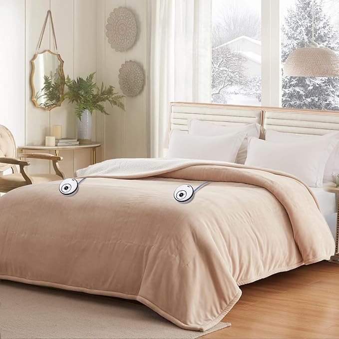 Sealy Electric Blanket Queen 84"*90",Super Cozy Flannel to Sherpa Reversible Heated Blanket Queen Size with 10 Heating Levels & 1-12 Hours Auto Off Overheating Protection Machine Washable,Beige