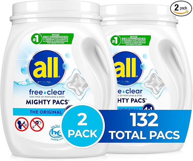 all free clear, Original, MIGHTY PACS Laundry Detergent Pacs for Sensitive Skin, Unscented and Hypoallergenic, 66 Count (Pack of 2)