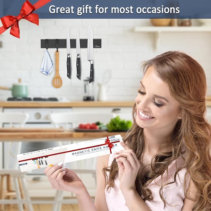 Dmore magnetic knife holder for wall—with 2 hooks, No Drilling 12 Inch black knife magnetic strip, Powerful knife magnet rack, include Adhesive Tape and screws for Knives, Utensils, and Tools