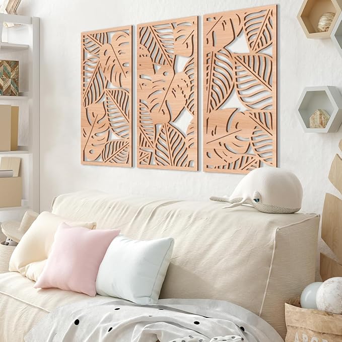 IARTTOP Leaf Wood Tropical Wall Art 15.9X32 Inch Carved Palm Leaves Wall Decor Coastal Monstera Plant Wall Sculptures for Living room Bedroom Set of 3
