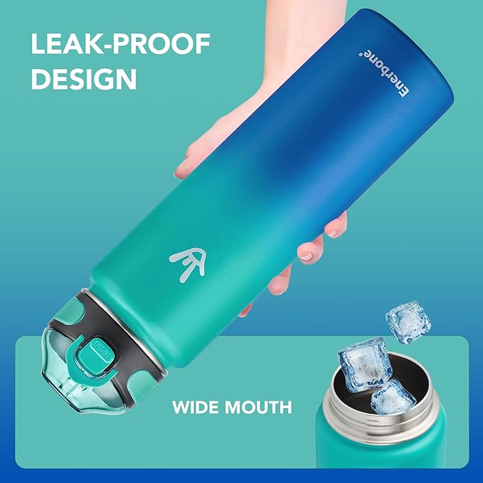 Enerbone 32 oz Insulated Water Bottle, Stainless Steel Bottle with Carrying Strap, Double-Wall Vacuum Insulation Design, Leakproof Sports Bottle with Straw, Keep Drinks Cold or Hot for Hours