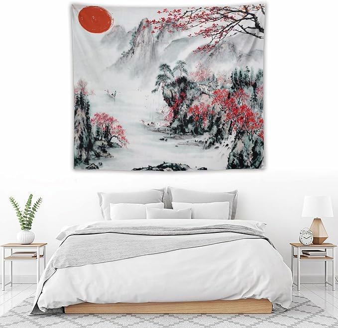 Cherry Blossoms Tapestry,Japanese Red Landscape Asian Watercolor Abstract Art Tapestry, Asian Japanese Wall Tapestry, Nature Landscape Tapestries for Bedroom Living Room Decor 60"x50"