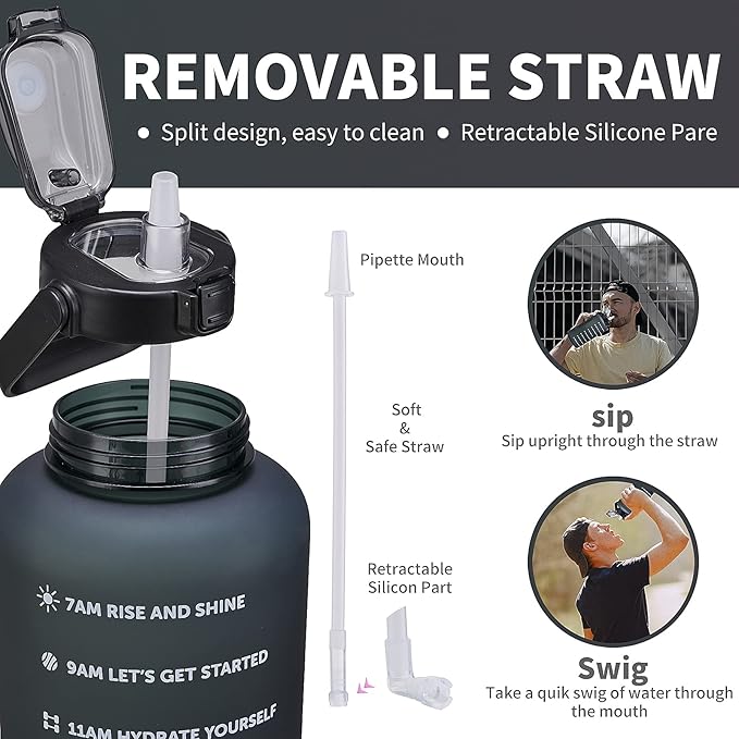 64oz,100oz,128oz Large Motivational Water Bottle with Time Marker, Leakproof & BPA Free Half Gallon Big Water Bottle with Straw Handle Tritan Frosted Water Jug for Gym,Fitness,Outdoor Sports