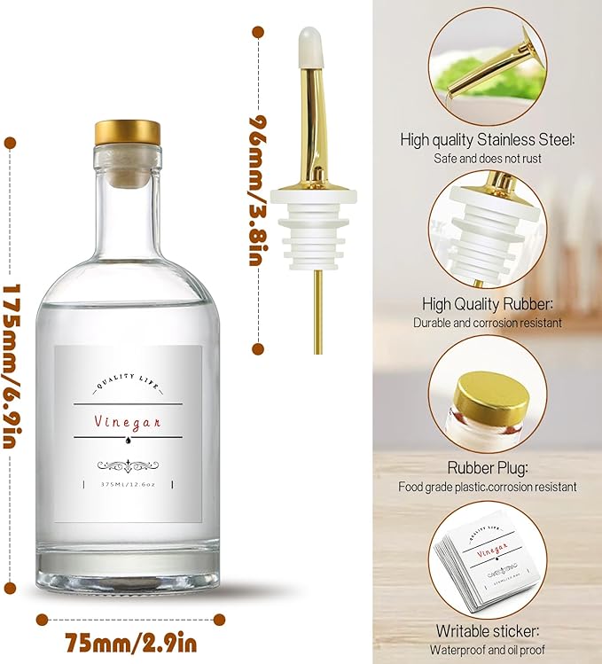 Olive Oil Dispenser Bottle for Kitchen, Clear Glass Oil and Vinegar Dispenser Set, Coffee Syrup Dispenser, Container With Metal Pour Spout, Airtight Lid, Funnel, Waterproof Labels (375ml-2 Pack)