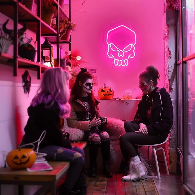 Dimmable Skull Neon Sign,Halloween Pink Neon Sign Light for Wall Decor, Skeleton LED Neon Sign for Beer Bar Bedroom Art,Skull Head Neon Lights Suitable for Computer Room, 5V USB Power 15.75 * 11.8in