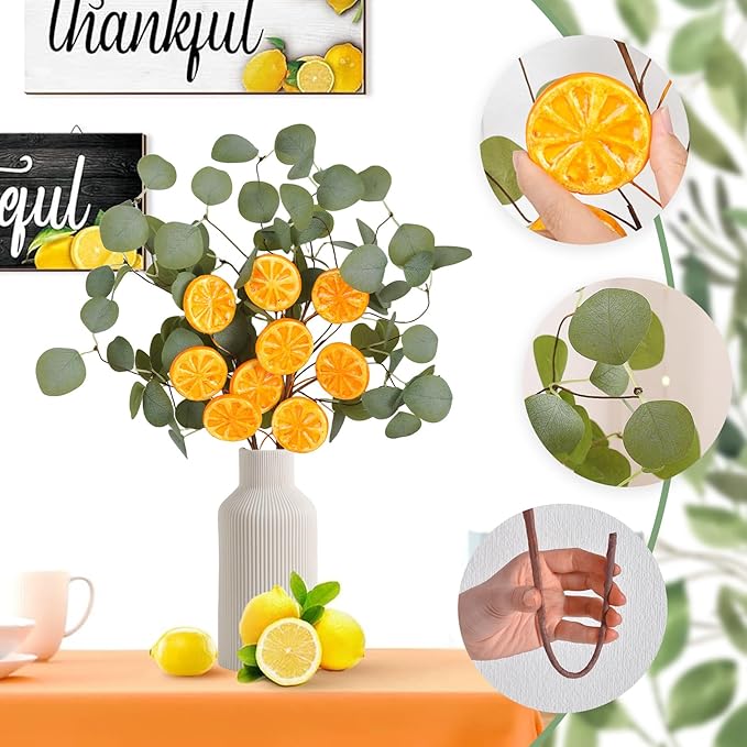 Eucalyptus Stems, 4PCS Artificial Lemon Stems Faux Citrus Branches Plastic Decor for Kitchen, Table Centerpieces, Entryway, Thanksgiving Wedding Party (Green)