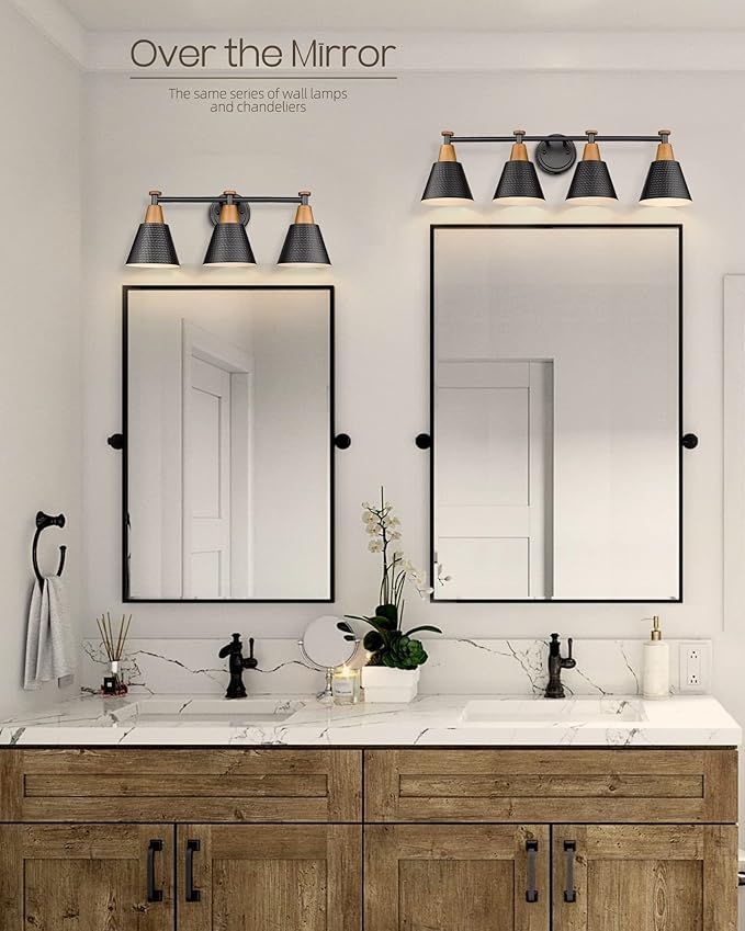 FEMILA Bathroom Vanity Light, 4-Lights Bathroom Light Fixtures Over Mirror, Modern Wall Mounted Lamp, Hammered Metal Shade, 4FG59B-4W BK