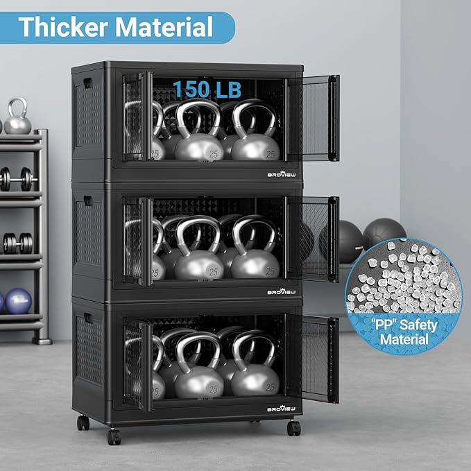 500Qt Stackable Storage Bins with Lids, 125Gal Closet Organizers and Storage Drawer, Plastic Collapsible Storage Bins with Doors, Heavy Duty Store Box Cabinet for Home Kitchen, 5Pack Black