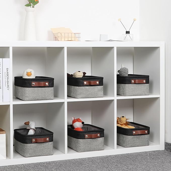 DULLEMELO Small Storage Baskets for Shelves, Small Fabric Collapsible Rectangular Storage Bins for Shelves, Closets, Nursery, Home, Office, Empty Gift Baskets (6-Pack, Black&Gray)