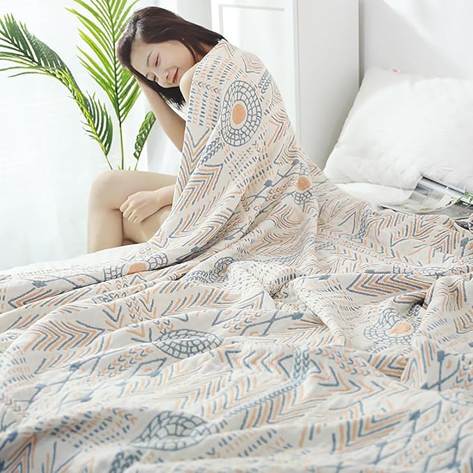 Boho Muslin Blanket for Adults 4-Layer Gauze 80 x 90 Inches Soft Cozy 100% Cotton Summer Cooling Blanket Geometric Stripe Decor for Sofa Bed Coverlet Both Sides (A Boho Stripe, 80 x 90 in)