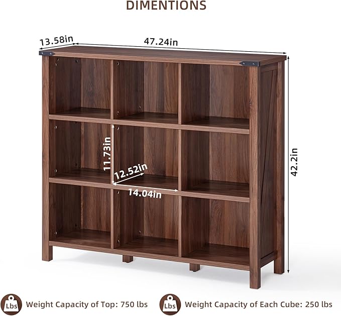 9 Cube Bookcase, Farmhouse 47 Inch Wide Brown Walnut Bookshelf, Wooden 3 Tier Display Large Open Book Shelf, Vintage Horizontal Book Case for Home Office, Cubby Storage Cabinet for Living Room