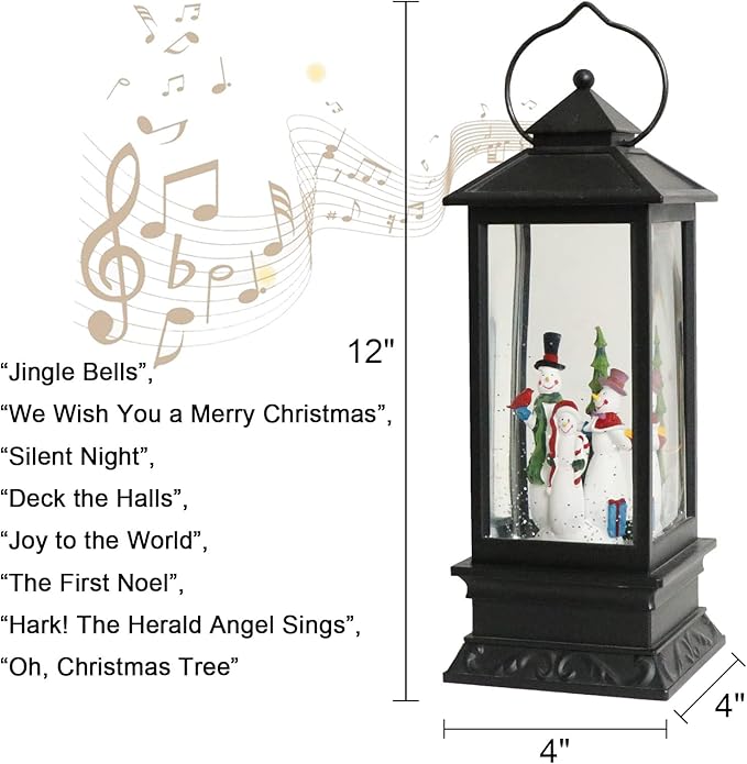 Eldnacele Singing Battery Operated Musical Lighted Christmas Snowman Water Glittering Swirling Snow Globe Lantern with Music Christmas Home Decoration and Gift, Snowman Family