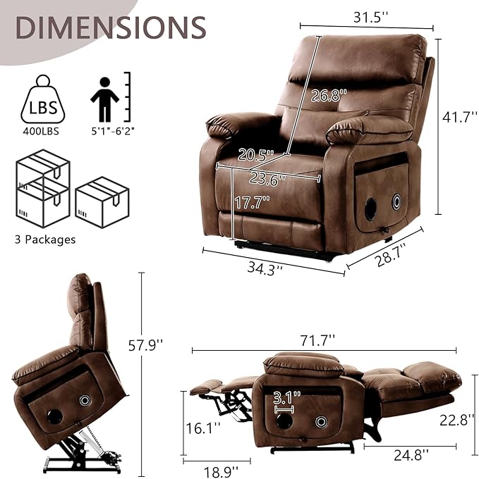 Dual Motor Power Lift Recliner Chair for Adult & Elderly, Infinite Position Lay Flat Lift Chair with Heat & Massage, Cup Holder, Lumbar Pillow, Wireless Charger, USB Ports, Leather (Ochre)