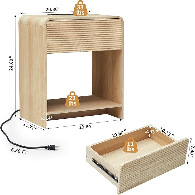 Fluted Nightstand Set of 2 with Charging Station, Modern Bed Side Table End Table with Drawer Storage, Large Wooden Night Stands Bedside for Bedroom Living Room Sofa Office, Natural 2 Sets