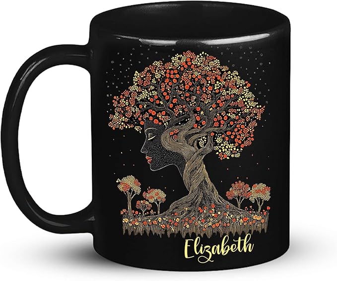 Custom Name Coffee Mug 11oz 15oz, Unique Nature Inspired Coffee Cup for Women, Personalized Vibrant Nature Themed Black Cup, Artistic Tree Ceramic Mug, Gifts for Women's Day