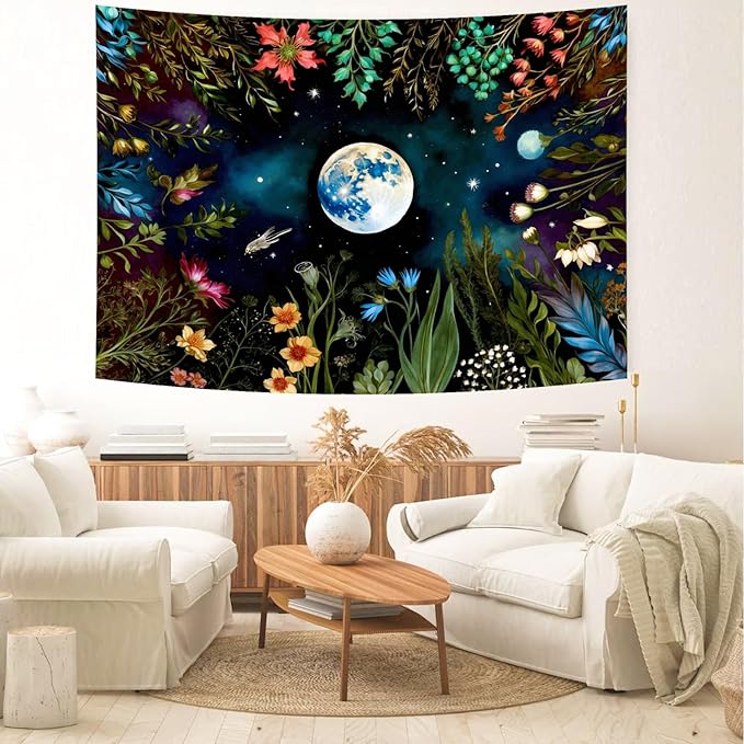 Delur Moonlit Garden Tapestry Boho Moon Floral Plant Tapestry Wall Hanging Colorful Flower Botanical Nature Night Landscape Headboard for Bedroom Living Room Home Decor (70.8" x 92.5")