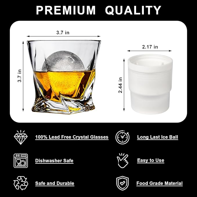 Crystal Whiskey Glasses Set of 2 with Ice Ball Molds, 11 Oz Old Fashioned Glasses Packaged in Giftable Box, Twisted Style Bourbon Glasses Gifts for Men, Stylish Whiskey Glasses Set