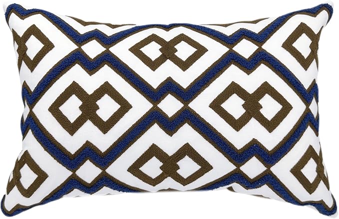 Alysheer Embroidered Lumbar Decorative Throw Pillow Cover 12"x 20", Classic Boho Geometric Embroidery Pattern Cotton Rectangular Cushion Case for Sofa Couch Living Room Bedroom(Blue Brown)