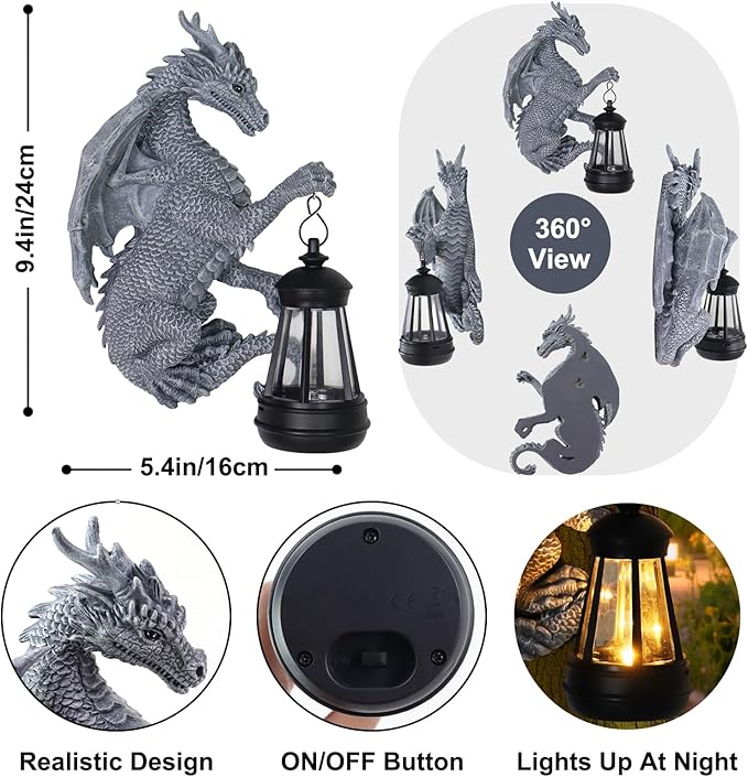 Garden Statues Tree Hugger Dragon - Halloween Dragon Statue Solar Lights Outdoor Patio Wall Decor,Christmas& Mothers Day&Birthday Gifts for Grandma Mom Women,Ideas Arts Crafts Waterproof Resin Lantern