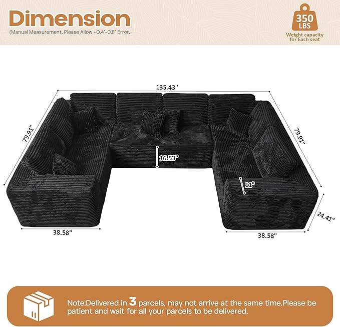 Cloud Sectional Couches for Living Room,U Shaped Modular Sofas No Assembly,135x79 Inches Plush Corduroy Oversized Floor Couch Set with Deep Seat Chaise,Black